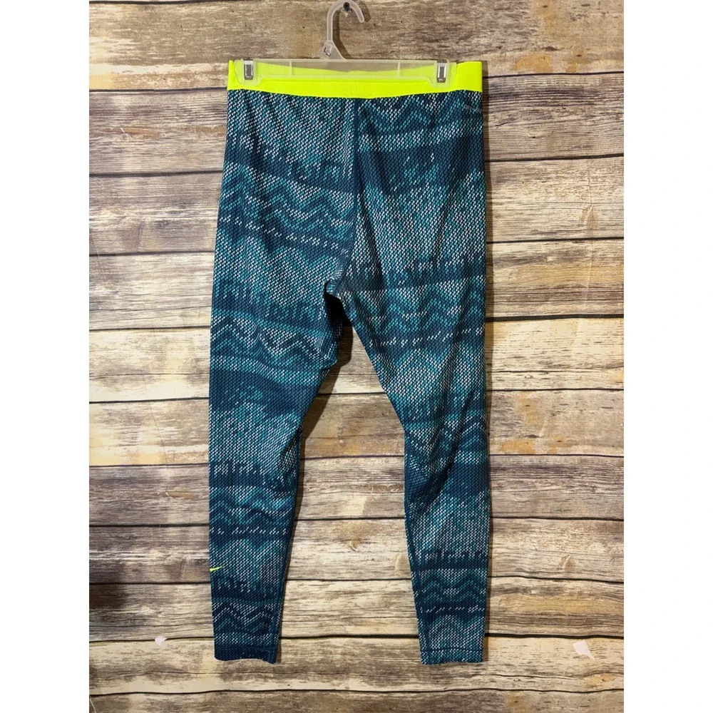 Nike Pro Hyperwarm Training Leggings M Medium Blue Teal Neon Yellow Printed